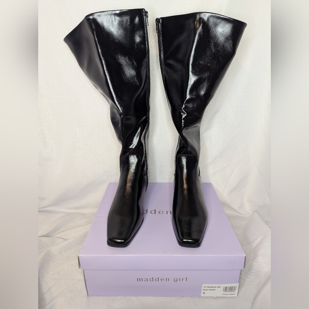 NIB Madden Girl Florance Knee High Low Heel Shiny Black Boots Size 8 WIDE CALF